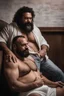 Placeholder: full body shot photography, two muscular chubby ugly burly marocan men , sweat, bulge, masculine hairy 43 year old man, curly hair, manly chest, curly beard ,big shoulders, big arms, big legs, bulge,, ambient occlusion , lying down sleeping in a steamy Sauna, super high resolution, 8k, dim light, side light, ultra hyper realistic, frontal view