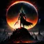 Placeholder: Sauron, the mighty lord of darkness, standing on a rock in the dark land of Mordor, a super-hero man of infinite power and technology of the galactic race, with a great army, a large moon disk behind him, and a fiery sword in his hand