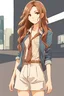 Placeholder: attractive anime woman with brown long hair, modern clothes, full body in frame