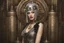 Placeholder: full body and headshot of a skinny Cleopatra, with a silver bob hairstyle, standing in a steampunk setting.