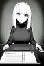 Placeholder: thin hacker girl use a laptop on a table sitting in a cafe, line arts, greyscale