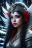 Placeholder: depth of field, photorealism, downlight, Magic camping site, beautiful angel, ornate dress uniform, casting spell water snow fly, black wavy hair, enchanted fantasy, cinematic composition, very detailed red machine components, one camera lens eye and shiny black hair, hazel green eyes, 24k, ornate, intricate, complex, digital painting, smooth, art by royo and tom bagshaw.