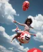 Placeholder: Ultra realistic speed clouds sky scene, wide angle view, child falling down with many Children background, inflatable monsters, circus dress style, feather color, free jumping flying, many trinkets, hair monster, many jelly beans, balls, color smoke, smile, happy, extreme, wind, clouds sea, 20,000 feet altitude, stratosphere, soft color, highly detailed, unreal engine 5, ray tracing, RTX, lumen lighting, ultra detail, volumetric lighting, 3d, finely drawn, high definition.