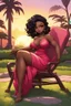 Placeholder: Against a background wash of golden sunset, a curvy chibi black female cartoon bombshell lounges on a lawn chair facing right. Her cascading black hair twists loosely halfway up, the rest falling around her shoulders. Dramatic makeup in sultry shades of brown and pink bring out her large, lined brown eyes. She sits sideways in a form-fitting red maxi dress, resting her rounded face on one hand as the other smooths the billowing fabric over her ample hips.