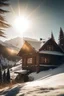 Placeholder: Mountain, snowing, house, Sun