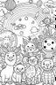 Placeholder: HAPPY NEW YEAR coloring page for kids, Sunrise on New Year’s Day with joyful creatures, thick outline, low details, no shading, no color