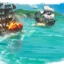 Placeholder: Two pirate ships fight each other at sea. Firing cannons. One ship is hit and burns after being hit.