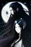 Placeholder: Celestial anime woman, long black hair, with bearded man