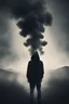 Placeholder: A striking (((dramatic image))) where a (((figurative smoky silhouette of a person wearing a hoodie))) takes on the form of ethereal smoke against a looming (ominous backdrop of a shadowy landscape), suggesting mystery and foreboding