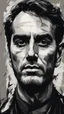 Placeholder: chiaroscuro portrait illustration of Charly chaplain in the style of threadbare abstract expressionism, ebony , black, and pewter , vintage abstract cut-and-paste, ricoh gr iii, editorial illustrations, fine lines, highly detailed hair and facial features