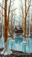 Placeholder: A melting plastic trees in the wood with melting house by a dry lake