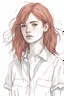 Placeholder: A red-haired girl with freckles. Sketch style. Waist-high. She got tired of long hair and had a bob cut. She is wearing a white shirt. Dark palette. The girl radiates light.