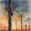 Placeholder: long shot perspective of Professional male electrical worker doing line work on a telephone pole at sunset, impressionism, watercolor and pen painting, medium brush strokes, dark background, depiction of light in in its changing qualities, dramatic, nostalgic, by Claude Monet and Bill Jacklin, dynamic diagonal composition, warm colors