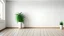Placeholder: Plant against a white wall mockup. White wall mockup with brown curtain, plant and wood floor. 3D illustration.