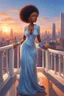 Placeholder: The scene opens onto a serene balcony overlooking a bustling city skyline. The sky above is painted in soft hues of blue and orange as the sun begins its descent, casting a warm glow over everything it touches. In the foreground stands a captivating figure, airbrush chibi cartoon curvy black woman exuding confidence and elegance. She is adorned in a flowing white knit maxi dress that hugs her curves in all the right places, accentuating her silhouette. Her choice of footwear is equally stunning