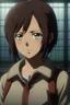 Placeholder: The character is a girl whose hair is very short, slightly scattered, red, black eyes while she is black from the anime. Attack on Titan