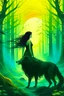 Placeholder: book cover, In the heart of a dense and enigmatic forest with towering ancient trees cloaked in emerald, yellow and amber foliage stood an enchanting witch possessing an ethereal allure her lustrous hair cascading in ebony waves down to her slender waist In the background a majestic canine of Belgian shepherd lineage roamed its eyes illuminated by an otherworldly crimson glow exuding an aura both mysterious and demonic