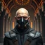 Placeholder: bald male corellian jedi wearing gunmetal grey and black old republic armored flightsuit and breath mask with gold and metallic red trim inside the jedi temple, centered head and shoulders portrait, hyperdetailed, dynamic lighting, hyperdetailed background, 8k resolution, volumetric lighting, light skin, fully symmetric details