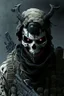 Placeholder: A soldier in the game modern warfare, he wears a skull mask with horns that covers his eyes. The lower half of his face is covered by a mask with a bloody fanged grin. He is a sniper, but can also run point. His call sign is Wraith. Couple