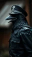 Placeholder: a crow wearing a black uniform, realistic , pro photography , high quality, and cinematic scene