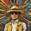 Placeholder: (Without glasses : 1.5) Gustavo Petro, comic style artwork, dark yellow, black, red and blue, with wide-brimmed hat, with white shirt, calm,