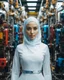 Placeholder: potrait cinematography colors a beautiful face woman hijab humanoid robot mechanical walking in between two rows of complex machinery with vibrant colors