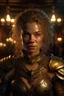 Placeholder: portrait of a beautiful middle aged female warrior princess, messy ashen hair, pale eyes, dressed in a revealing ornamented light plate armor, standing in a tavern, realistic, dim torch lighting, pale skin, petite, cinematic lighting, highly detailed face, very high resolution