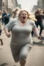 Placeholder: an obese terrified blonde woman running away from an angry mob