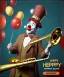 Placeholder: happy old friendly clown with round head and trimmed beard playing jazz with a steampunk theme, trumpet on mouth, circus,dreamy