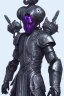 Placeholder: One Genderless Cyborg made of old rusted metal, has a human like face with a really long violet ponytail, they wear armor that is similar to Megaman. The color palatte of the armour is deep purple and yellow. They have Turquoise colured eyes. The Background is dark grey.