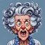 Placeholder: A delightfully eccentric cartoon illustration of a spirited elderly woman with wild gray hair in messy curlers, standing straight up a round her head. Her exaggerated facial features include wide-open eyes with visible blue irises and large pupils, a humongous open mouth as if screaming animatedly, and her wrinkled skin showcases her age. The woman is fervently pouring coffee from an overflowing black pot into an overfilling white cup, with coffee spills frozen mid-air. She wears a pink shirt w