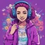 Placeholder: masterpiece, intricate details, a wide angle 2D anime bold line flat colour illustration of a cheerful girl in a high purple hoodie and headphone in hip hop style, dopamine style, overlaying mixed patterns of pop art text and emoji device installations, sharp focus, charming character illustration, beautiful vibrant kuler palette gradient