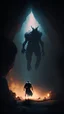 Placeholder: dark, huge cave, a man carrying a torch, demon, fantasy, 4k