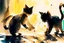 Placeholder: cats playing activity, melting watercolor and black ink outlines on wet paper, soft, shading strokes, in sunshine, ethereal, otherwordly, cinematic postprocessing, bokeh, dof