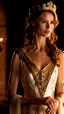 Placeholder: Medium shot portrait fascinating beautiful actress "Saffron Burrows" as princess in Troy movie, the most beautiful lady in the ancient Greek legends, age 18, passionate to show mercy, short blonde hairstyle irredscent light brown color, wearing white and golden dress like queen, 64 megapixels, bokeh, dynamic lighting, sophisticed mood, intricate expressions and feelings, filmic, superb shot, ancient Greek historic, realistic photography