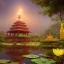 Placeholder: highly detailed indian lake with temple and lotus landscape with jungle, sunset, illustration, cinematic lighting, 4k, 8k, octane render, digital concept art, trending on artstation, pinterest, extremely detailed, ambient lighting.