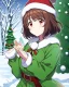 Placeholder: Girl with short brown hair, red eyes, green sweatshirt with a horizontal yellow stripe, he is wearing a Christmas hat, and in the background there are trees in the cold winter with lots of snow, Anime Hq style