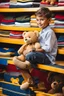 Placeholder: a young boy sitting on a shelf holding a teddy bear,7 years old, shirt