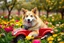 Placeholder: Here is the translation to English: "A beautiful dog with a human face sitting in a toy car in a flower and tree farm"