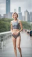 Placeholder: beautiful anorexic asian girl, total shot, shiny silver triathlon swimsuit, short blond wavy bob hair, blurred city background