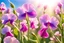 Placeholder: Magic garden with the sweet pea flower, parma or pink flowers, parma or blue light effects colors, sunny rays, realistic, the sweet pea flowers around, highly detailed, high contrast, 8k, high definition, concept art, sharp focus