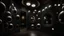 Placeholder: A set of circular mirrors of different sizes and at different heights randomly placed inside a room with a translucent wall through which light filters. The ceiling is dark and the floor is light and the mirrors produce unexpected reflections.