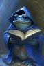 Placeholder: a very happy iceblue young toad wearing a black cloak and a sorcery book