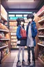 Placeholder: Two persons are in the small store, anime style, 8K resolution, high quality, ultra graphics, and detailed with lines.