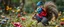 Placeholder: depth of field, halo, close up on blue and red clothed gnome riding squirrel with lance in garden of eden in the style of Escher and Giger
