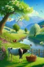 Placeholder: countryside, morning, sun, mountains, green, flowers, cows, clear sky, river, apple tree, basket, sky, grass