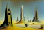 Placeholder: Mysterious towers in a desert landscape by artists "Leonora Carrington" and "Max Ernst"