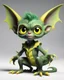 Placeholder: Flux P: a small gremlin, with large expressive yellow eyes and oversized ears that resemble bat wings. The creature has a vibrant green, slightly scaly skin, and a playful, mischievous expression. It sits in a dynamic pose, with a curled tail and pawed feet featuring sharp, claw-like toes. The background is minimalistic and bright white, emphasizing the creature's vivid colors. The lighting is soft and even, highlighting the detailed textures of the skin and the glossy shine of the eyes. The ove