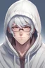 Placeholder: Anime man with glasses, messy white hair, wearing a hooded sweatshirt, realistic