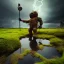 Placeholder: hyperrealistic shot, rusting and moss covered giant mascot, earth color palette, sharp focus, puddle reflection, water splash, refraction, rain and lightning on the horizon, shadowcast, detailed and intricate, cinematic composition, tilt shift photography